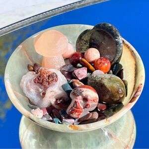 Brecciated Jasper Skull, Selenite Mushroom, Dragon Blood Heart, Raw Fire Agate